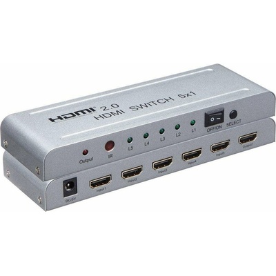 PremiumCord 4Kx2K@60Hz HDMI switch 5:1 kovový s diaľkovým ovládačom a napájacím adaptérom, khswit51e