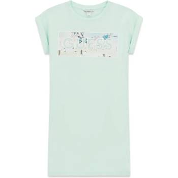 Guess Бледо зелена рокля къс ръкав за момиче с цветна щампа и надпис Guess с камъчета