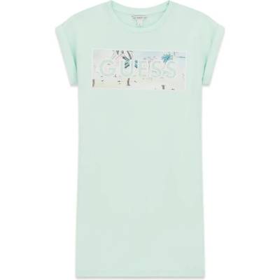 Guess Бледо зелена рокля къс ръкав за момиче с цветна щампа и надпис Guess с камъчета