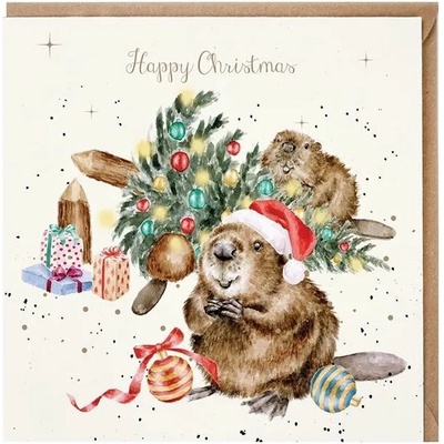 Přání Wrendale Designs "Underneath the Christmas Tree", 15x15 cm - Vánoční bobříci