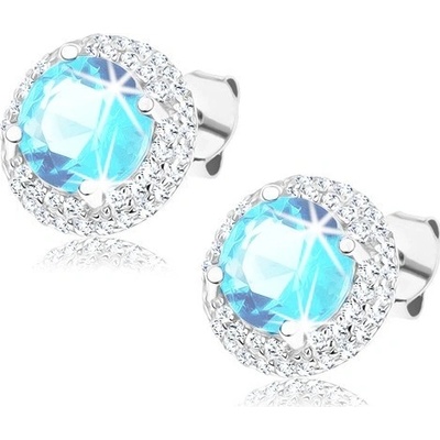 Šperky eshop stříbrné náušnice kulatý zirkon akvamarínový čirý lem puzetky R36.20