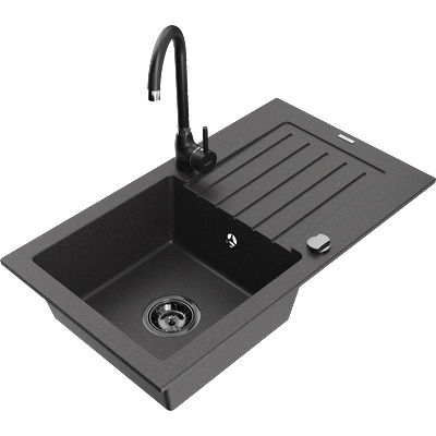 Mexen Pablo кухненска мивка от гранит с 1 корито с отцедник и кухненски смесител Telma, черен с пръски - 6510-76-670200-70-B (6510-76-670200-70-B)