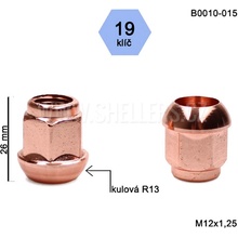 Kolová matice M12x1,25 kulová R13 otevřená s měděným povrchem, klíč 19, B0010-015, výška 26