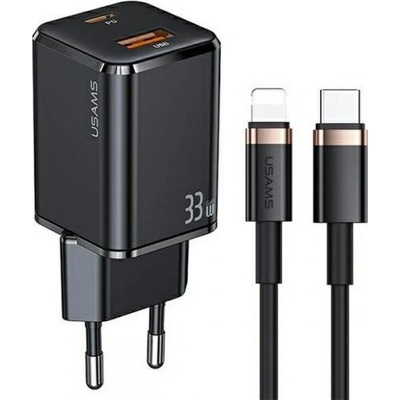 USAMS Стенно зарядно, Usams, Lightning/USB-C кабел, 33 W, черно (USA800)