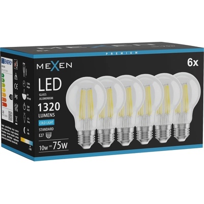 Mexen Vintis 6x LED филамент крушка E27, A60, 10W, Студена - 6500K, 1320 lm, прозрачна (L150-E27-1065-00x06)