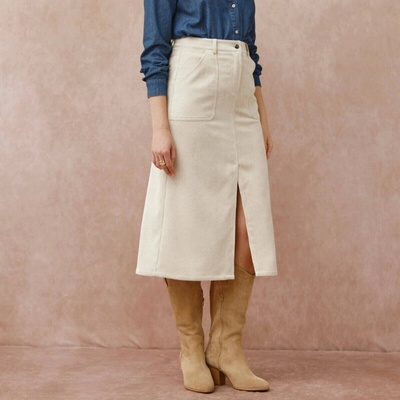 Midi sukně s kapsami a rozparkem vpředu manšestr béžová