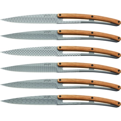 Deejo 2FB013 sada 6 steak nožů matně šedá čepel olivové dřevo design Geometry