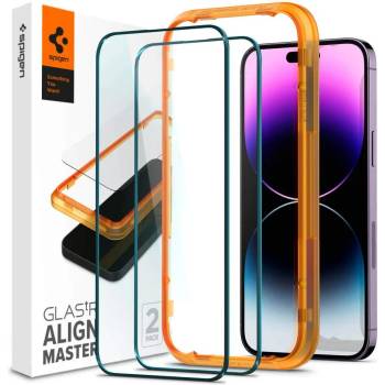 Spigen Glass. Tr Align Master Full Cover Tempered Glass 2 Pack - 2 броя стъклени защитни покрития за целия дисплей на iPhone 14 Pro (черен-прозрачен)