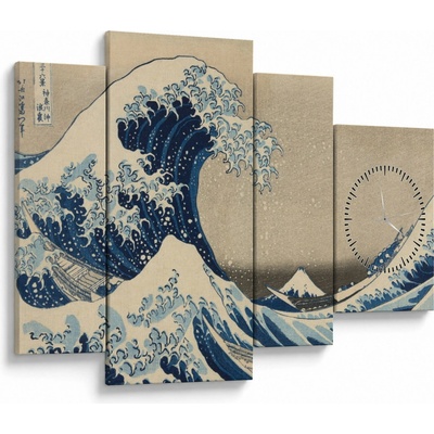 Obraz - Katsushika Hokusai, Under the Wave off Kanagawa, reprodukcia (s hodinami), štvordielne 110x75 cm s hodinami