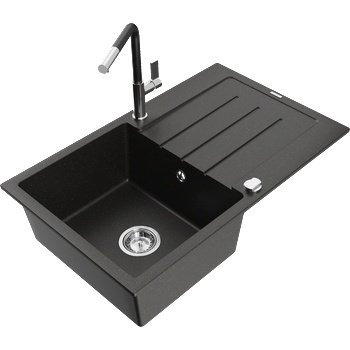 Mexen Bruno гранитна мивка с 1 корито с отцедник и кухненски смесител Flora, черен/златен металик - 6513-75-670401-07 (6513-75-670401-07)