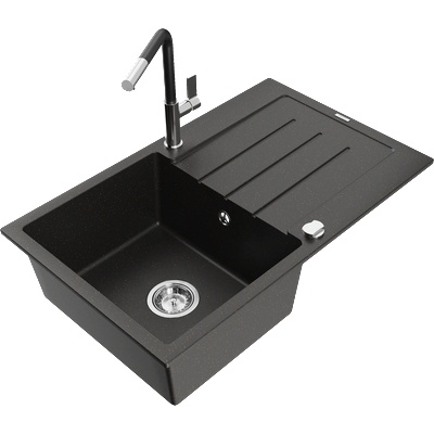 Mexen Bruno гранитна мивка с 1 корито с отцедник и кухненски смесител Flora, черен/златен металик - 6513-75-670401-07 (6513-75-670401-07)