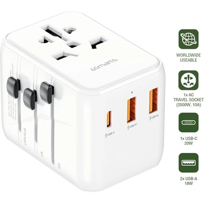 4smarts Захранване с 1xUSB-C и 2xUSB-A изхода и преходници за цял свят в едно устройство за мобилни устройства - 4smarts Nomad World Travel Adapter 20W (бял) (540644)