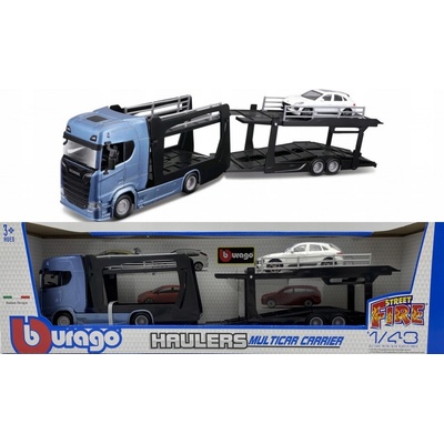 Bburago Kamion Multicar Carrier Scania 770S Blue + Porsche Macan 1:43