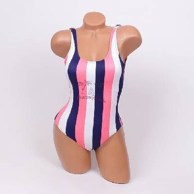 Цял бански на райе в бяло, тъмносиньо и розово чашка b