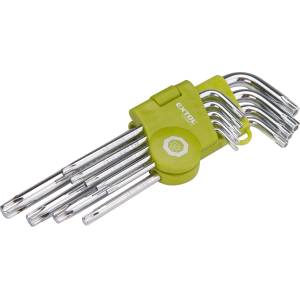 Extol Комплект ключове торкс, Cr40. 9бр. , единият край с отвор; T10, 15, 20, 25, 27, 30, 40, 45, 50, на блистер