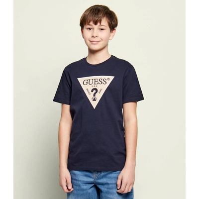 GUESS Тъмносиня тениска за момче с бежово лого Guess
