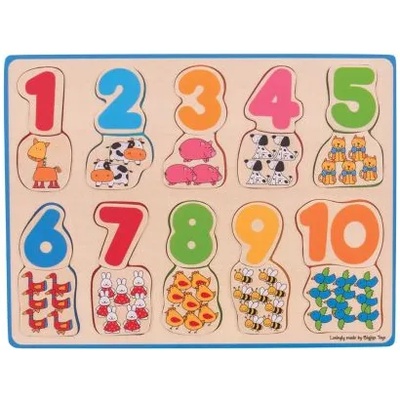 Bigjigs Toys Дървен пъзел с числа и животни от фермата - Bigjigs (BJ549)