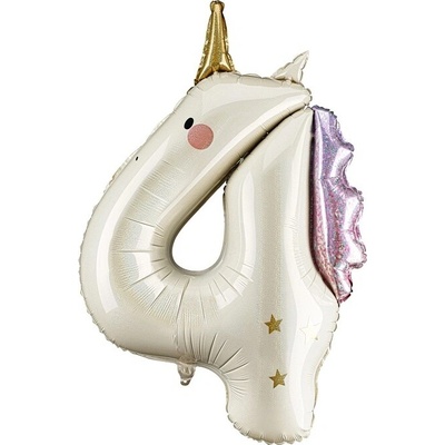 PartyDeco Balónek fóliový číslo 4 jednorožec 93 cm