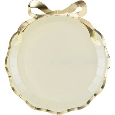 PartyDeco Papierové taniere s mašľou béžovo-zlaté 24 x 26,8 cm