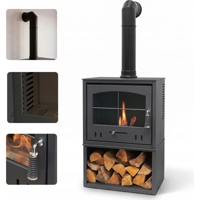 OKO S4 Bio Ethanol Stove with Log Storage with Tall Angled Stove Pipe