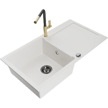 Mexen Leo гранитна мивка с 1 гнездо с отцедник и кухненски смесител Flora, бял - 6501-20-670401-57-B (6501-20-670401-57-B)