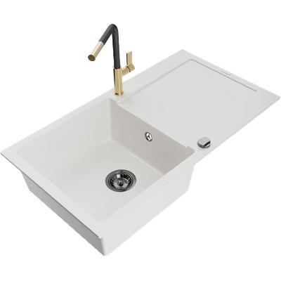 Mexen Leo гранитна мивка с 1 гнездо с отцедник и кухненски смесител Flora, бял - 6501-20-670401-57-B (6501-20-670401-57-B)