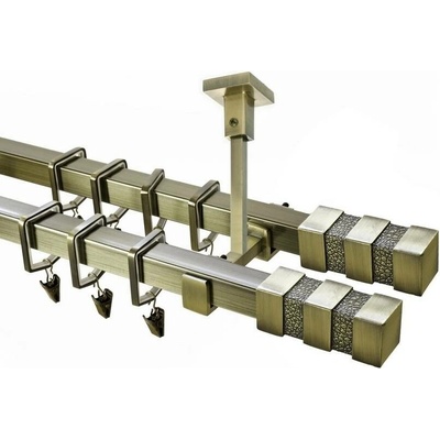 OK-GarnýžeCZ Garnýž kovová hranatá dvouřadá 20x20mm Verona double mosaz antik 260 cm do stropu / kroužky s háčkem