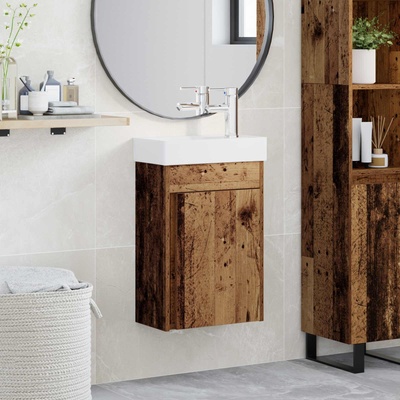 vidaXL Мивка за баня със смесител Старо дърво 40, 5 x 22, 5 x 62 см (889527)