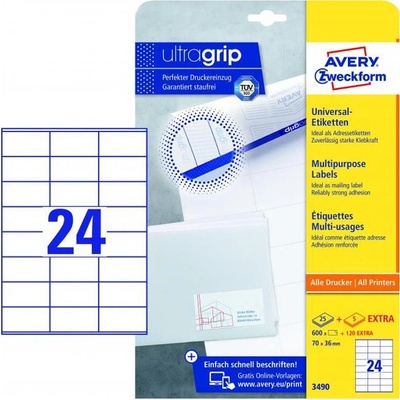 Avery-Zweckform 3490 70 x 36 mm papier biela 720 ks trvalé univerzálne etikety atrament, laser, kópie; 3490