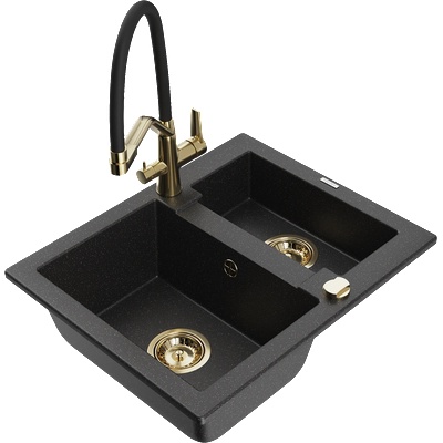 Mexen Carlos гранитна мивка с 1, 5 отделения и кухненски смесител Duo, черен/сребърен металик - 6518-73-671701-57-G (6518-73-671701-57-G)