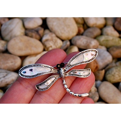 Brož zrcadlová vážka bílé stříbrné křídla černé očka – Zboží Dáma