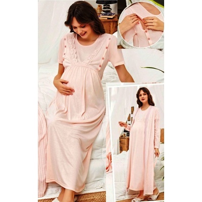 Kojící a těhotenská košilka a pruhovaný župan v kompletu v dlouhé délce 1G0616 oranžová