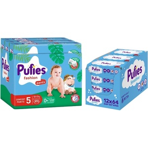 pufies Пелени гащи Pufies Fashion - Размер 5, 12-17 kg, 120 броя + мокри кърпи Pufies Clean Care - 12 x 64 броя (3800024036125+13800024027540) - baby