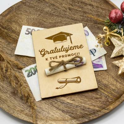 Dřevia Dřevěná karta na peníze - Gratulujeme k promoci