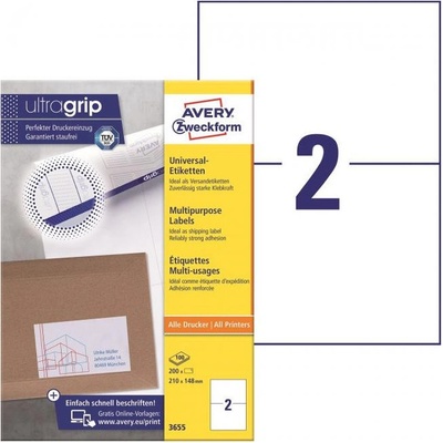Avery-Zweckform 3655 210 x 148 mm papier biela 200 ks trvalé univerzálne etikety atrament, laser, kópie; 3655