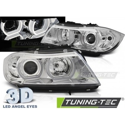 PŘEDNÍ SVĚTLA 3D LED ANGEL EYES BMW E90,E91 2005-2008 CHROMOVÁ