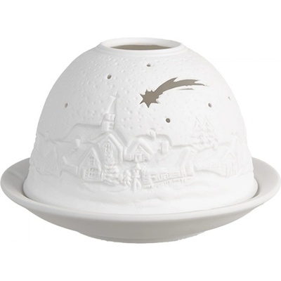 Bílý porcelánový svícen na čajovou svíčku s kometou, kostelem a vesnicí – 12x8 cm