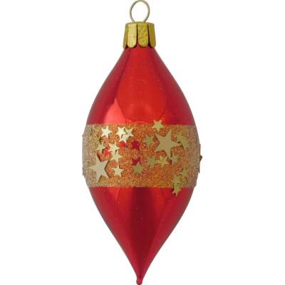 Ornex Vianočná ozdoba sklenená oliva s hviezdou a pruhmi červená 8 x 4 cm