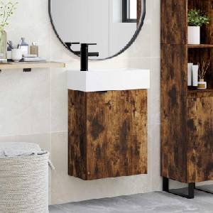 vidaXL Мивка за баня със смесител Опушен дъб 45, 5 x 22, 5 x 84 см (889429)