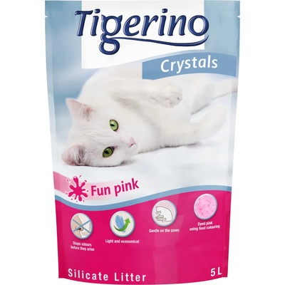 Tigerino 5л розово Tigerino Crystals Fun / Sensitive, пъстра постелка за котешка тоалетна