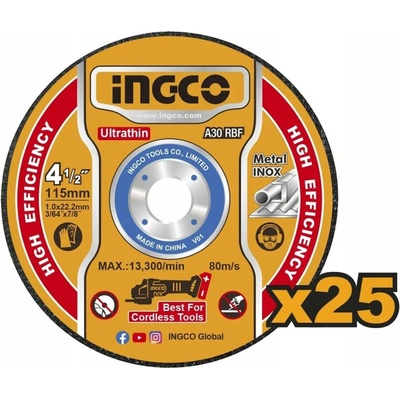 Kotouče řezné na kov 115x1,2x22,2mm, sada 25ks, Ingco
