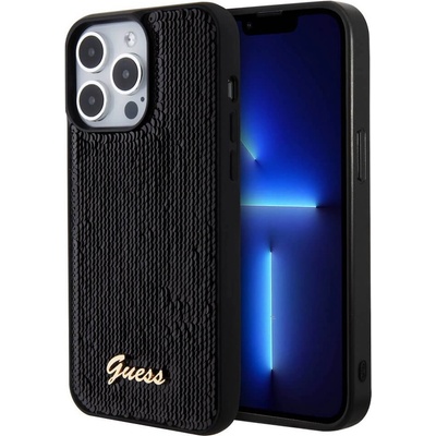 GUESS Sequin Script Logo Case - дизайнерски силиконов кейс за iPhone 15 Pro Max (черен)