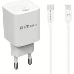 DeTech Мрежово зарядно устройство DeTech DE-61C, 20W, 1 x Type-C F, PD, С кабел Type-C - Type-C, 1.0m, Бял - 40546