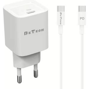 DeTech Мрежово зарядно устройство DeTech DE-61C, 20W, 1 x Type-C F, PD, С кабел Type-C - Type-C, 1.0m, Бял - 40546