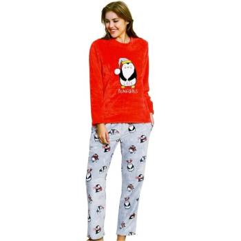 Дамска пухкава пижама в червено и сиво с пингвини