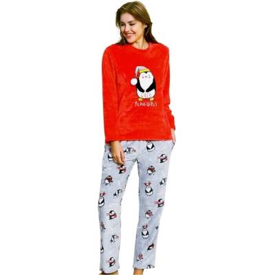 Дамска пухкава пижама в червено и сиво с пингвини