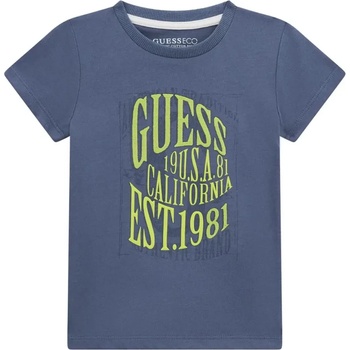 GUESS Синя памучна тениска за мини момче с контрастни надписи в електрикаво зелено Guess