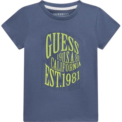 GUESS Синя памучна тениска за мини момче с контрастни надписи в електрикаво зелено Guess