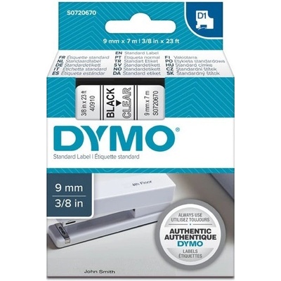 Dymo originál páska do tlačiarne štítkov, Dymo, 40910, S0720670, čierny tlač/transparentná podklad, 7m, 9mm, D1