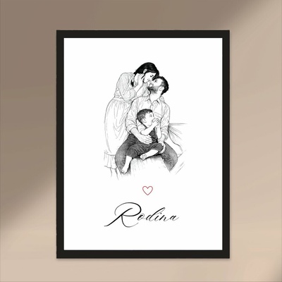 Plakát s KRESLENOU FOTOGRAFIÍ RODINY Rozměr plakátu: A3 (29,7 x 42 cm), Rámeček: Černý rámeček